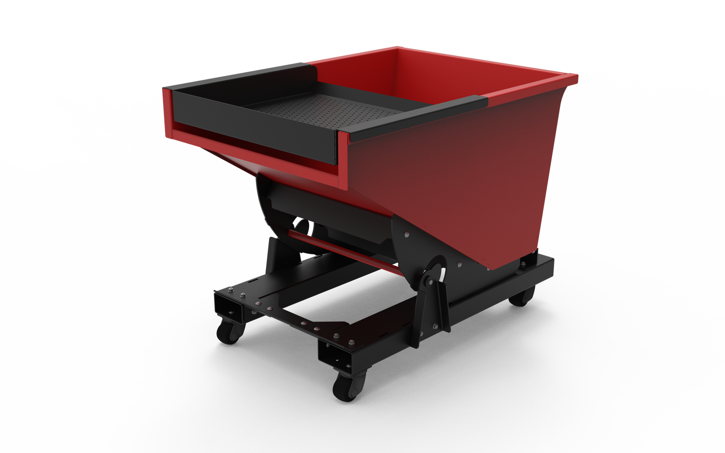 A red and black chip hopper with caster wheels for mobility, designed for use in industrial machining shops.