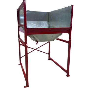 A red steel dump funnel designed to guide materials into containers, with a transparent collection box at the bottom.