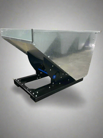 A galvanized self-dumping hopper with a black steel base and silver metal sides, designed for industrial material handling.