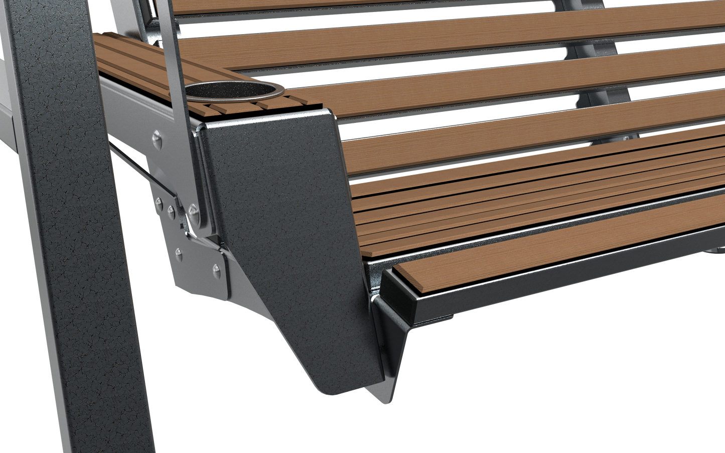 Black porch swing with white textured cushions for outdoor seating