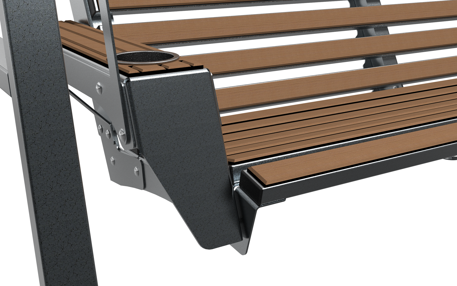 Black porch swing with white textured cushions for outdoor seating