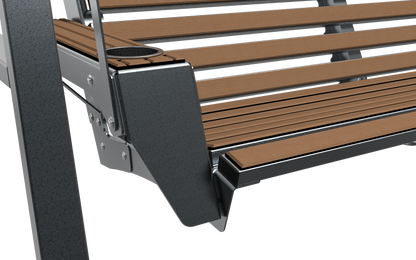 Black porch swing with white textured cushions for outdoor seating