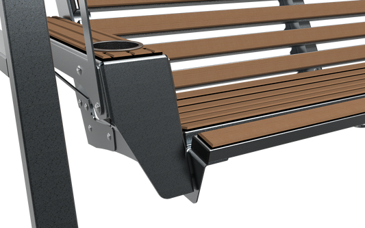 Black porch swing with white textured cushions for outdoor seating