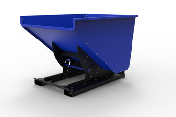 A blue powder coated self-dumping hopper with heavy-duty fork pockets and a black chain, designed for industrial material handling.