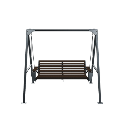 Black porch swing with chocolate textured  for outdoor seating